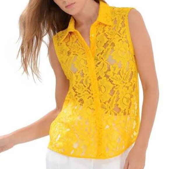 Sandro Yellow Lace Sleeveless Concealed Button Up Blouse Womens Size Small - Picture 1 of 8